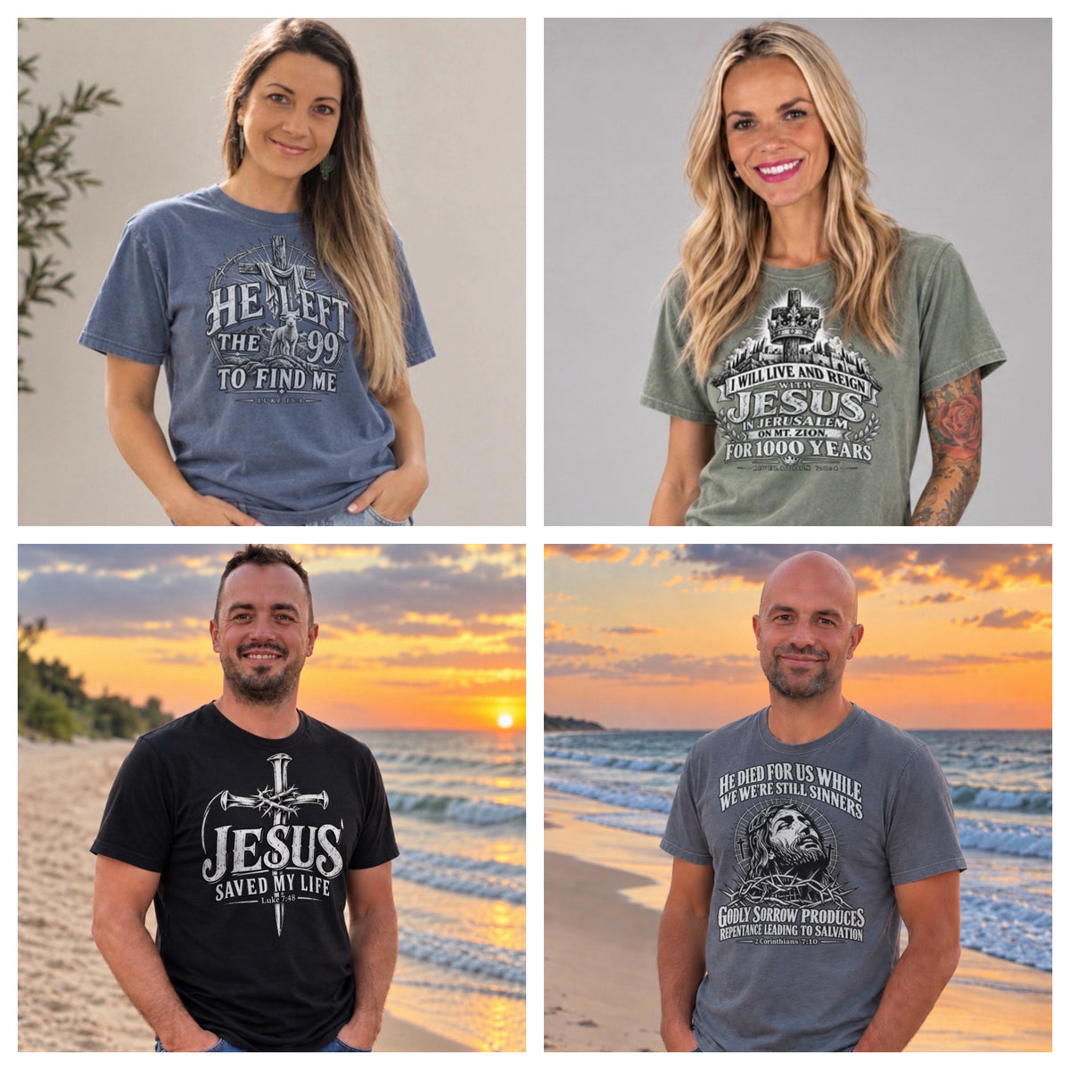 Millennium Series — four tees: He Left the 99 For Me, We Will Reign 1000 Years, Jesus Saved My Life, Sorrowful Repentance